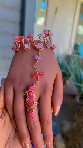 Strawberry Quartz, Pink Opal & Rose Quartz Bracelet + Ring Chain