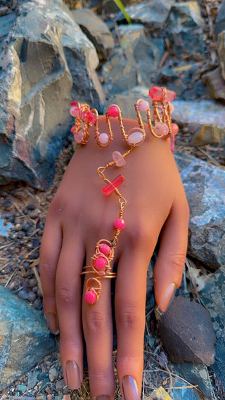 Strawberry Quartz, Pink Opal & Rose Quartz Bracelet + Ring Chain