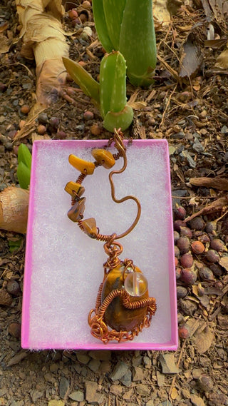 Courageous Tiger’s Eye & Clear Quartz Wire Wrapped necklace