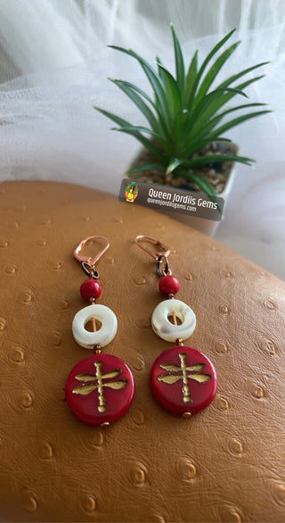 Mother of Pearl & Red Coral Dragonfly Earrings