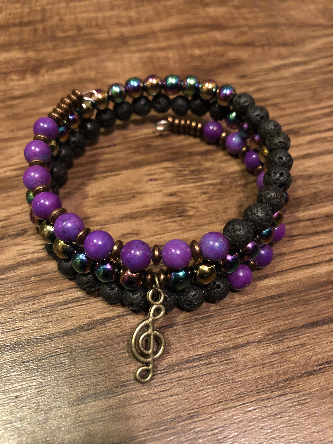 Rainbow Hematite, Lava Rock and Magnesite Dyed Purple Wrap Bracelet