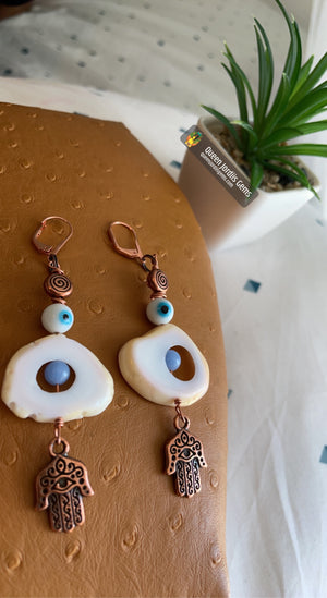 Tahitian Oyster, Angelite, Evil Eye & Hamsa Earrings