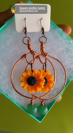 Sunflower Copper Hoop Earrings w/ Green Aventurine